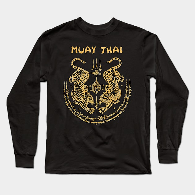 Muay Thai Tiger Sak Yant Tattoo Kickboxing Thailand Long Sleeve T-Shirt by VintCam